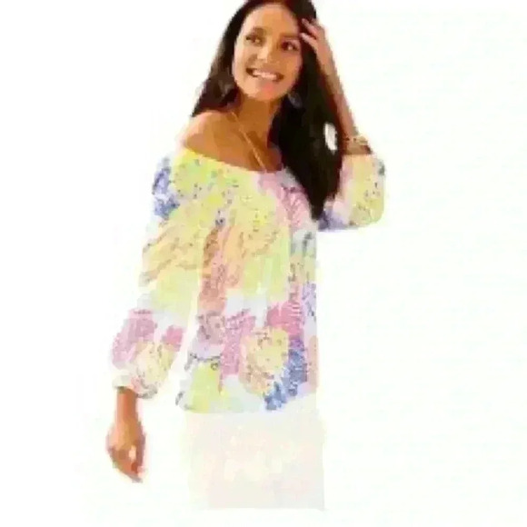 Lilly Pulitzer Alia fringe bottom off the shoulder 100% cotton tunic top - Picture 1 of 10